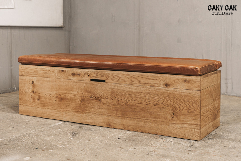 OAK STORAGE BENCH WITH GENUINE LEATHER SEAT 898