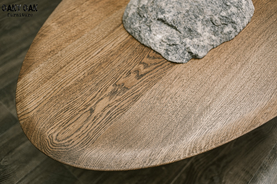 SOLID OAK COFFEE TABLE WITH NATURAL STONE PEDESTAL 924
