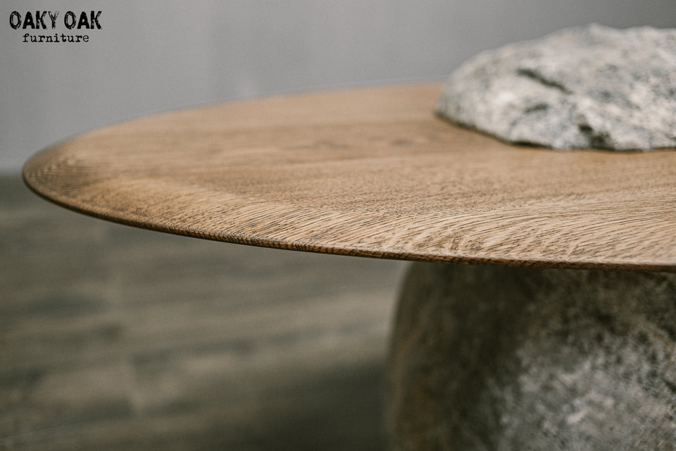 SOLID OAK COFFEE TABLE WITH NATURAL STONE PEDESTAL 924