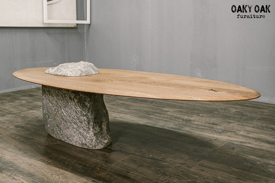 SOLID OAK COFFEE TABLE WITH NATURAL STONE PEDESTAL 924