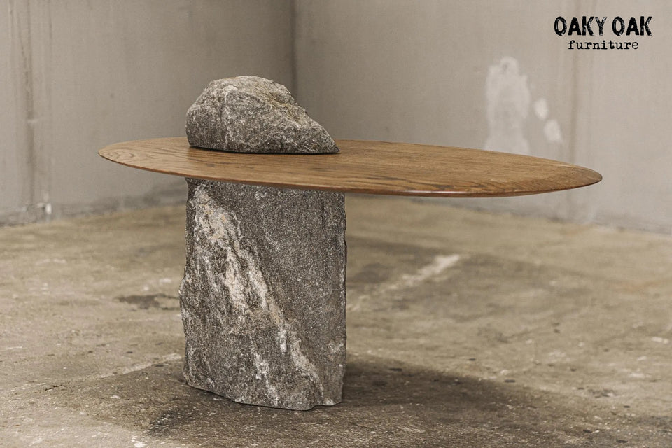 OAK COFFE TABLE WITH NATURAL STONE BASE 832